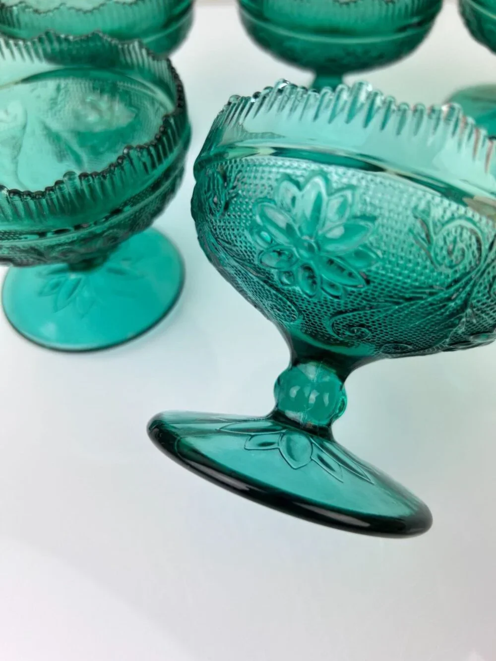 Tiara Indiana Green Glass Spruce Sherbet Compote Pedestal Bowls Cups Set of 6